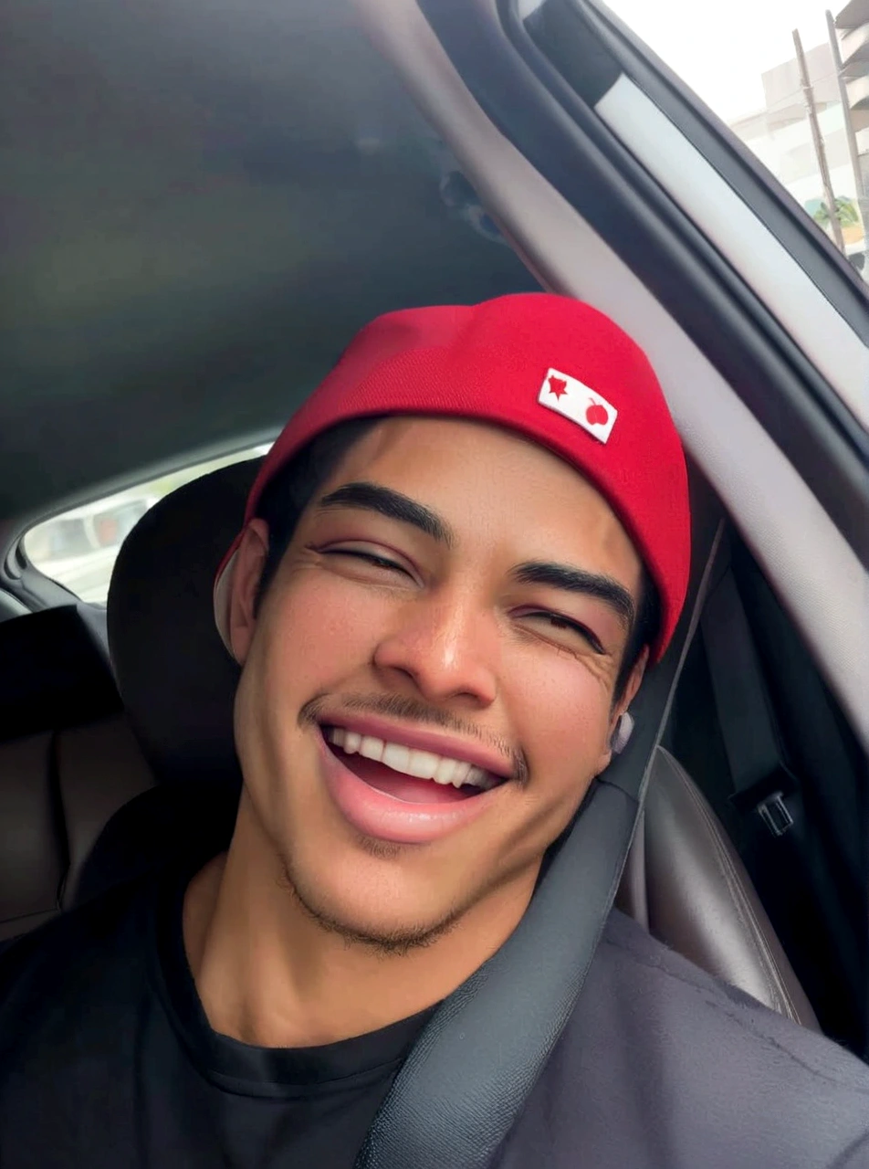 smiling man in a car wearing a red hat and a black shirt, profile picture with headshot, wearing a red rear-facing cap, he is smiling, insane smile, smiling lightly, Andre Gonzalez, taken at the beginning of 2020, grinning lasciviously, smiling happily at the camera, beautiful and smiling, smiling shyly, wide smile