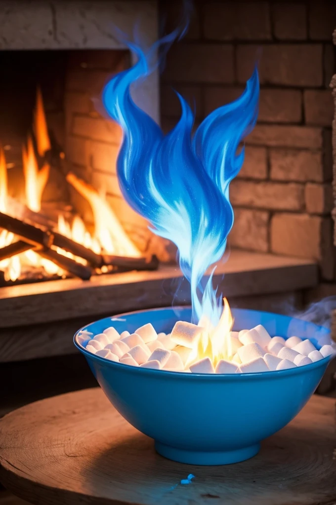 Creates a blue fire with marshmallows burning on top