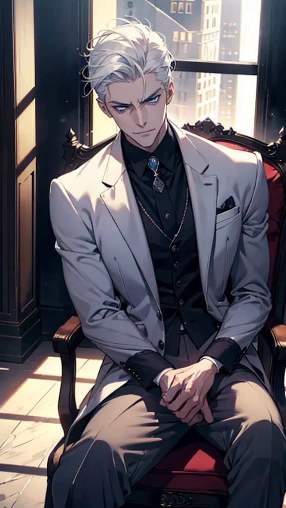 a tall angry masculine man in a suit, sitting in a chair, bulge in trousers, low angle shot, cinematic dramatic lighting, photorealistic, 8k, high detail, chiaroscuro lighting, evil smile, white hair, lightblue eyes, focus on bulge, very detailed face, bright eyes