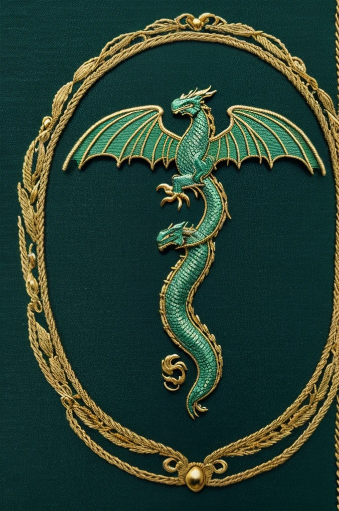 Canvas Base: Uses a classic heraldic shield shape in emerald green fabric, preferably velvet or silk.
	• Fund: Fill the background with a bright dark emerald green.
	• Dragon: Embroider a sea dragon in the center using bright silver thread for the body and light blue thread for the wings.
	• Eggs: Embroider waves around the dragon in light blue thread, with a fluid design.
	•	Flores: Add small gold flowers between the waves with gold thread.
	• Should: Use thick gold thread to embroider the border, decorated with wave and leaf patterns.