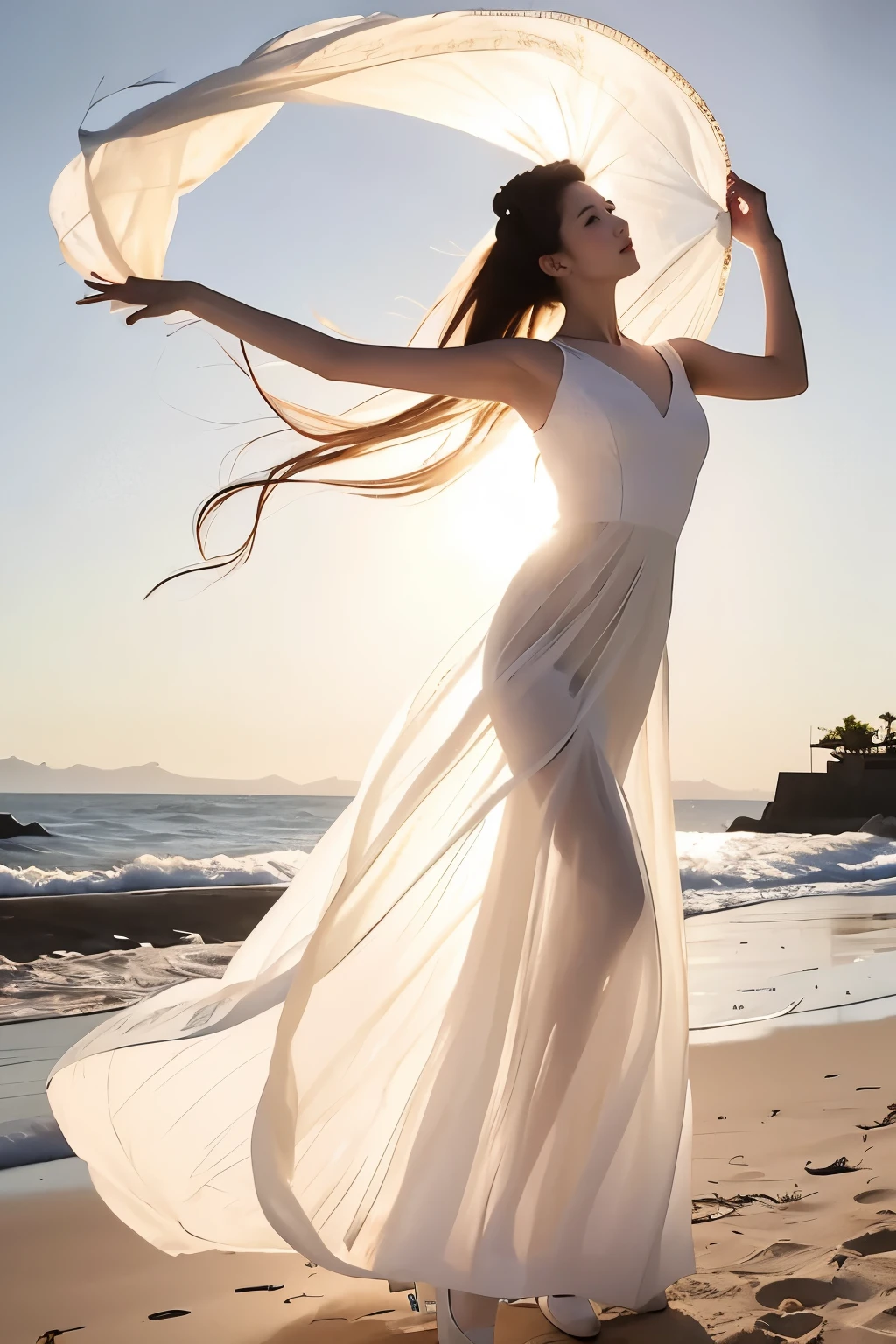  (masterpiece, best quality:1.2), 1girl, solo, delicate face, white-skinned female, see-through silhouette, white dress, full body,outdoor,white ballet dress,in a island