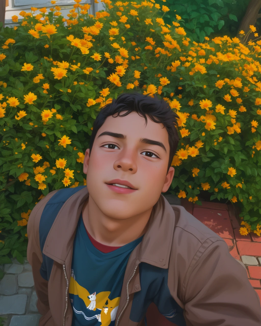 Realistic portrait of a seven-year-old boy, He wears a red shirt . His face is childish and exploratory . He goes out cautiously into the garden of the house, A small cat is among the bushes and he touches it cautiously ,Not facing the camera,, Hair is untidy ,