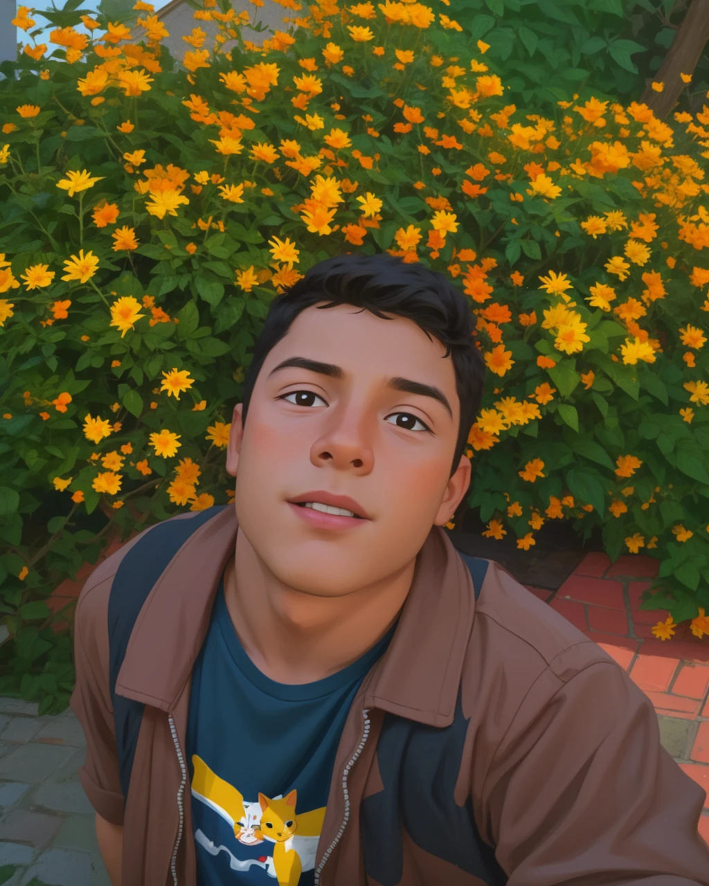 Realistic portrait of a seven-year-old boy, He wears a red shirt . His face is childish and exploratory . He goes out cautiously into the garden of the house,  A small cat is among the bushes and he touches it cautiously ,Not facing the camera,, Hair is untidy , 
