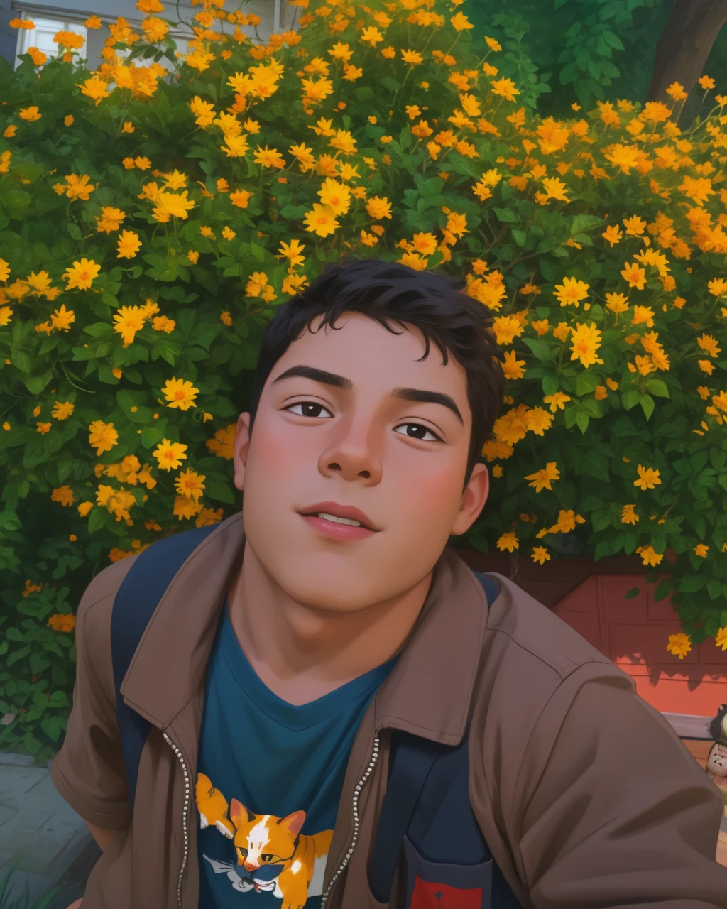 Realistic portrait of a seven-year-old boy, He wears a red shirt . His face is childish and exploratory . He goes out cautiously into the garden of the house, A small cat is among the bushes and he touches it cautiously ,Not facing the camera,, Hair is untidy ,