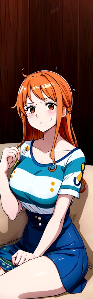cute girls,round brown eyes, orange hair、without bra、Medium to long straight hairstyle,Windmill tattoo on left shoulder、(big tits,,lleva una falda tight amarilla,In a rental house,sitting on the couch,evening,it was raining outside Upper body is wet..,whole body, Blue shirt, shortsleeves shirt, yellow skirt, striped shirt,