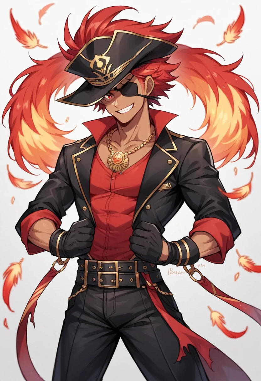 1 mexican pirate captain, tan skin, eye patch on left eye, back length black wavy haireut one red streak on left, black blazer, right-laced wristband, black tricorn hat with gold lining and red feather on the left , gold circular pendant, ripped red shirt with black buttons, ripped black tight trousers with large black belt and gold buckle, black boots with red laces, ripped black leather glove on left hand exposing fingers, surrounded by whirl of fire, glowing red eyes due to fire manipulation, red handled metal sword. He is standing arms folded, a determined smile. Make his hair long wavy and black with a red streak. Add an eyepatch of his left eye make his belt black. Remove the golden accessories make his skin dark. And give him a red shirt