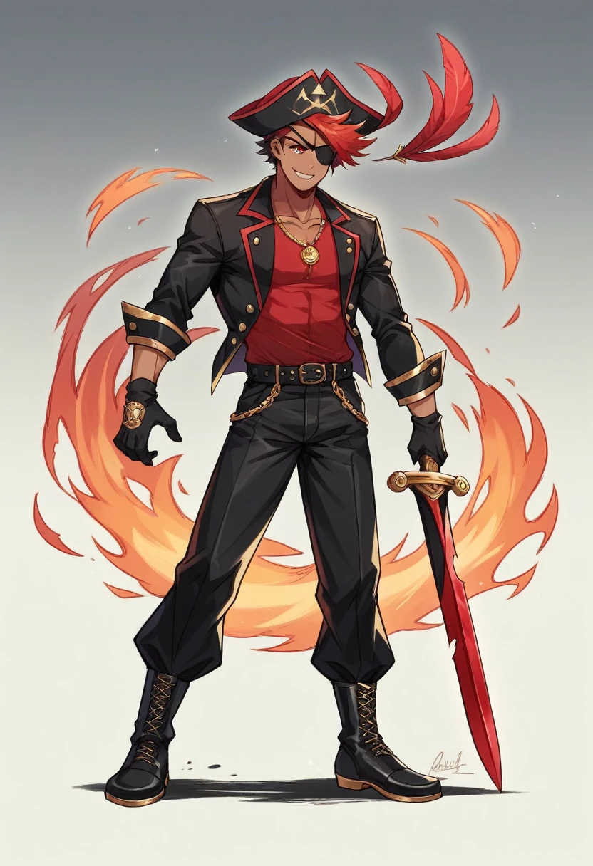 1 mexican pirate captain, tan skin, eye patch on left eye, back length black wavy haireut one red streak on left, black blazer, right-laced wristband, black tricorn hat with gold lining and red feather on the left , gold circular pendant, ripped red shirt with black buttons, ripped black tight trousers with large black belt and gold buckle, black boots with red laces, ripped black leather glove on left hand exposing fingers, surrounded by whirl of fire, glowing red eyes due to fire manipulation, red handled metal sword. He is standing arms folded, a determined smile. Make his hair long wavy and black with a red streak. Add an eyepatch of his left eye make his belt black. Remove the golden accessories make his skin dark. And give him a red shirt