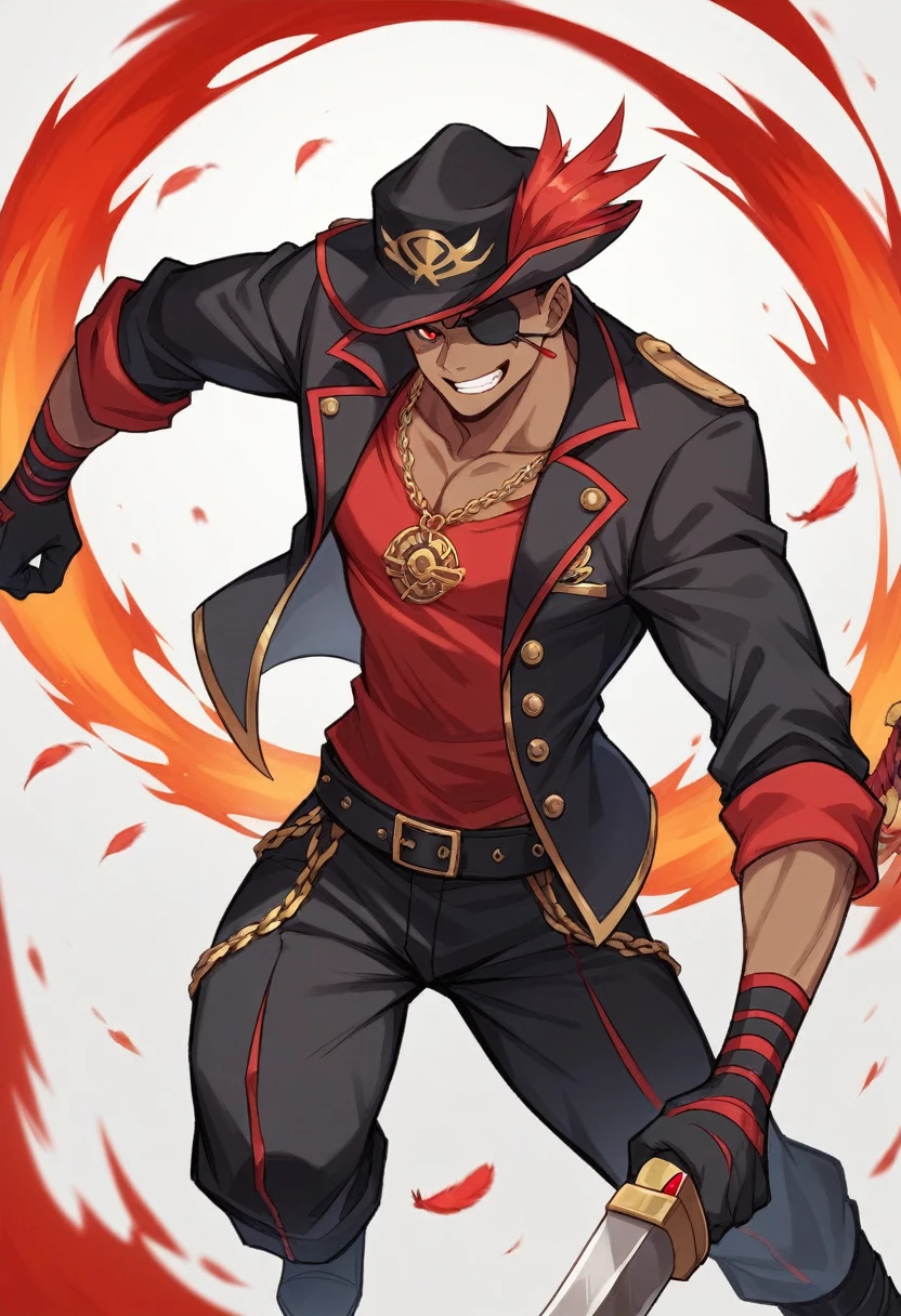 1 mexican pirate captain, tan skin, eye patch on left eye, back length black wavy haireut one red streak on left, black blazer, right-laced wristband, black tricorn hat with gold lining and red feather on the left , gold circular pendant, ripped red shirt with black buttons, ripped black tight trousers with large black belt and gold buckle, black boots with red laces, ripped black leather glove on left hand exposing fingers, surrounded by whirl of fire, glowing red eyes due to fire manipulation, red handled metal sword. He is standing arms folded, a determined smile. Make his hair long wavy and black with a red streak. Add an eyepatch of his left eye make his belt black. Remove the golden accessories make his skin dark. And give him a red shirt