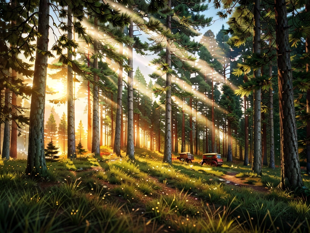 ultra-detailed, (best quality:1.2), (ultra highres:1.1), high resolution, enigmatic, sunny day, ray of lights, 16k, unreal engine, UHD, photorealistic, twilight in the deciduous forest, blurred trees in the background, a forest clearing, a lonely spreading old tree, a bonfire is burning under it