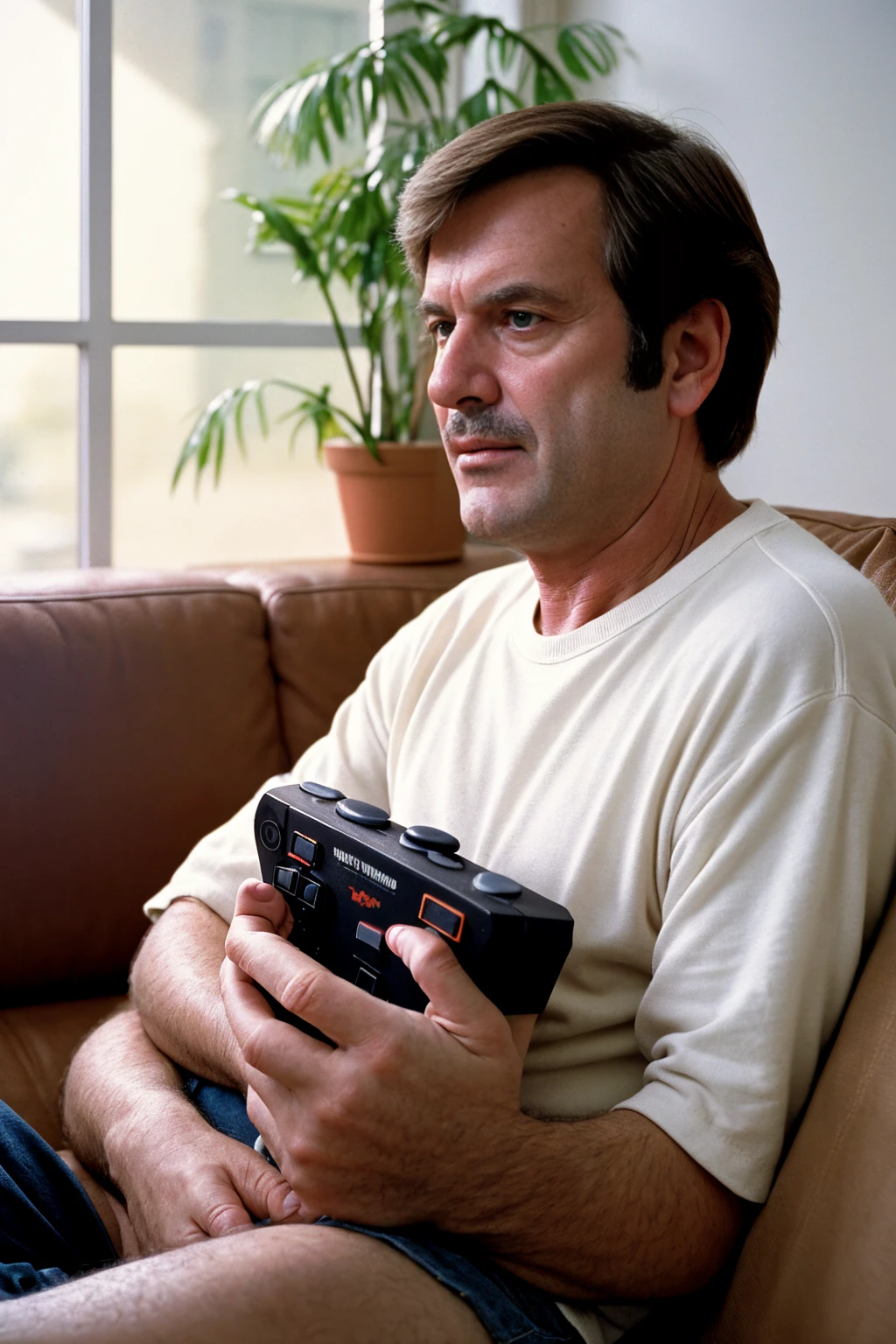 a middle-aged man sitting on a couch, playing a Nintendo video game, 1980s, nostalgic, living room interior, retro aesthetic, warm lighting, film grain, detailed facial features, expressive hands, relaxed pose, cozy atmosphere, vintage video game console, classic Nintendo controller, Saturday morning, natural daylight through window
