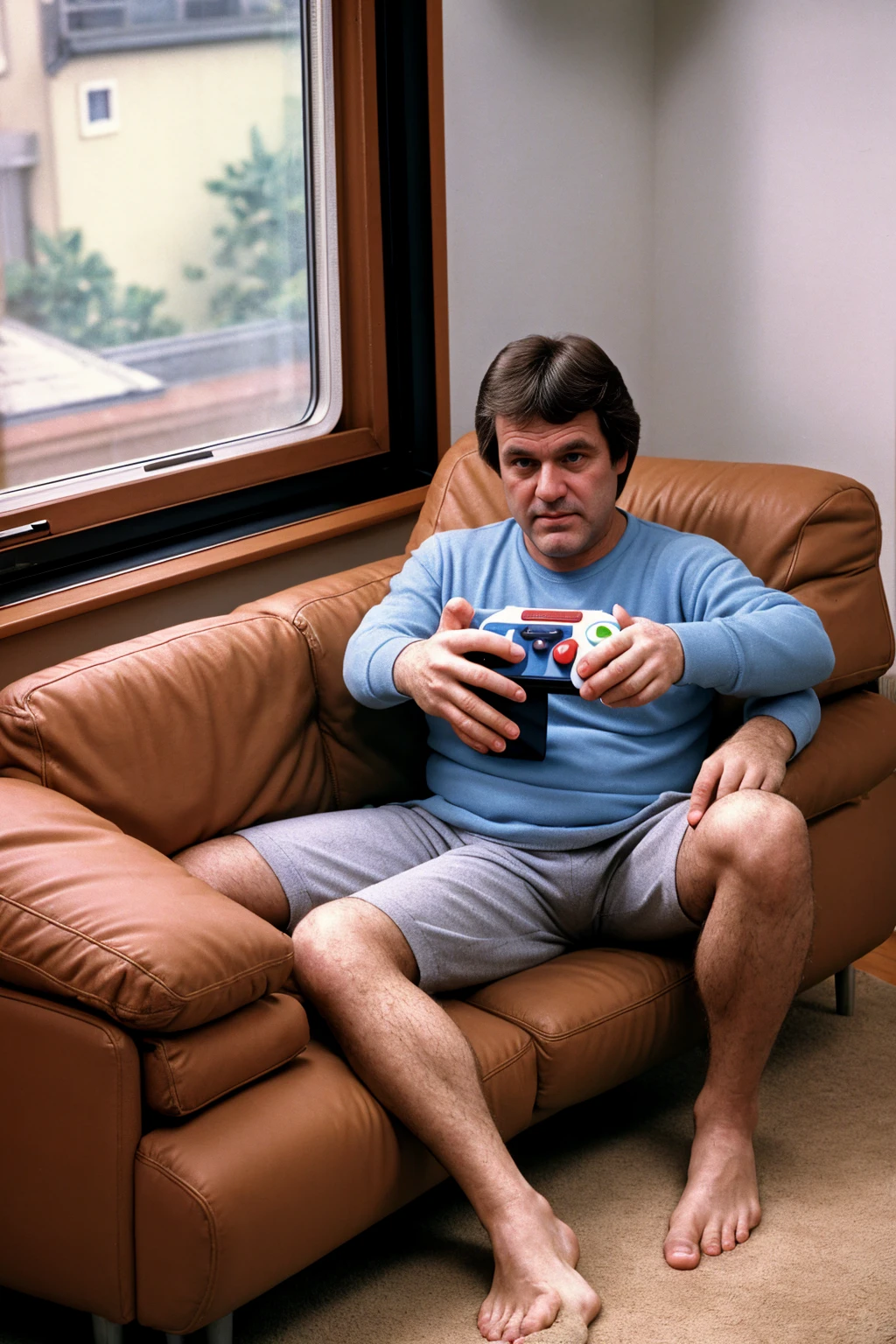 a middle-aged man sitting on a couch, playing a Nintendo video game, 1980s, nostalgic, living room interior, retro aesthetic, warm lighting, film grain, detailed facial features, expressive hands, relaxed pose, cozy atmosphere, vintage video game console, classic Nintendo controller, Saturday morning, natural daylight through window