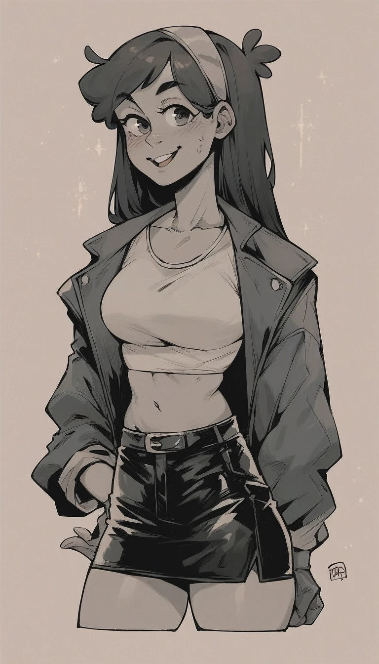 Mabel Pines wearing a leather top and a leather mini skirt 