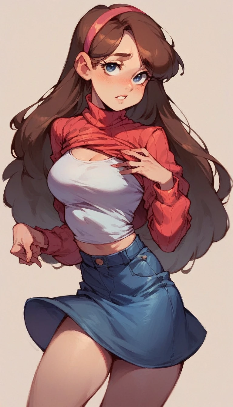 Mabel Pines wearing a leather top and a leather mini skirt