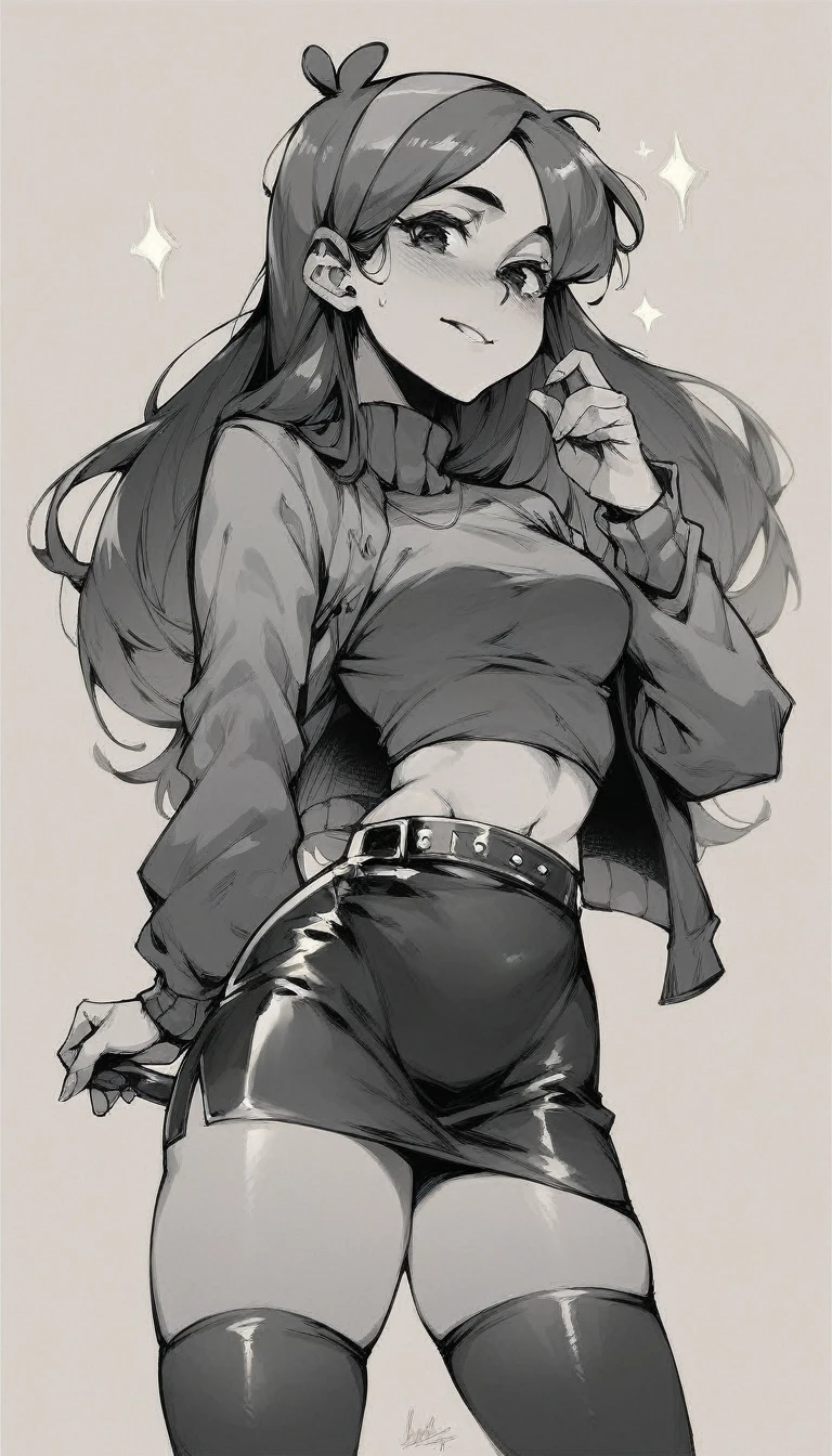 Mabel Pines wearing a leather top and a leather mini skirt