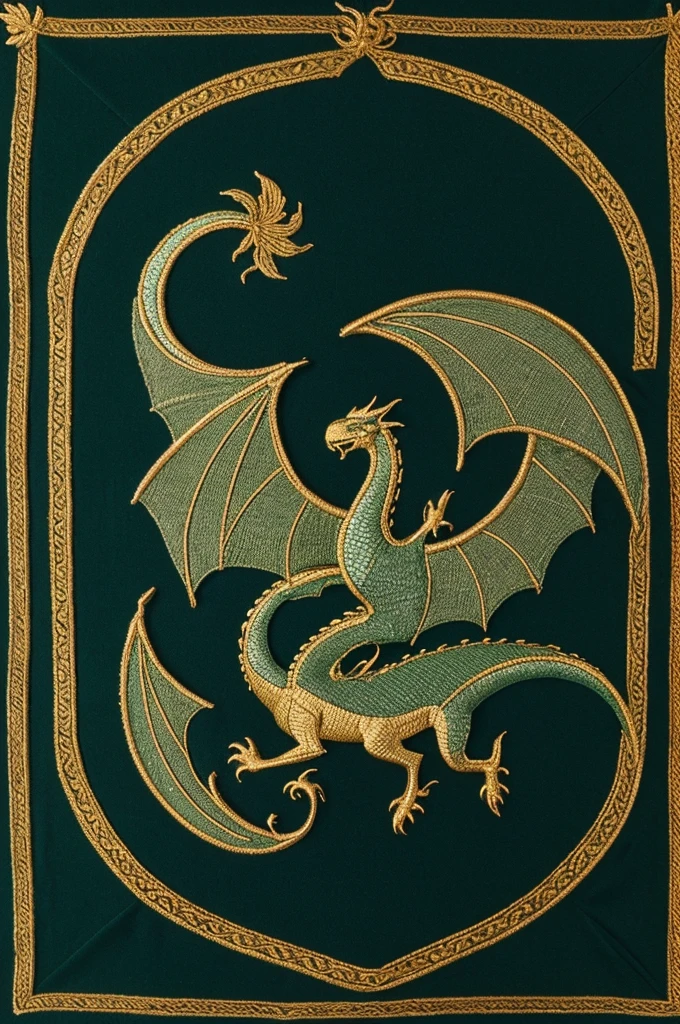 Canvas Base: Uses a classic heraldic shield shape in emerald green fabric, preferably velvet or silk.
	• Fund: Fill the background with a bright dark emerald green.
	• Dragon: Embroider a dragon in the center using bright silver thread for the body and light blue thread for the wings.
	• Eggs: Embroider waves around the dragon in light blue thread, with a fluid design.
	•	Flores: Add small gold flowers between the waves with gold thread.
	• Should: Use thick gold thread to embroider the border, decorated with wave and leaf patterns.