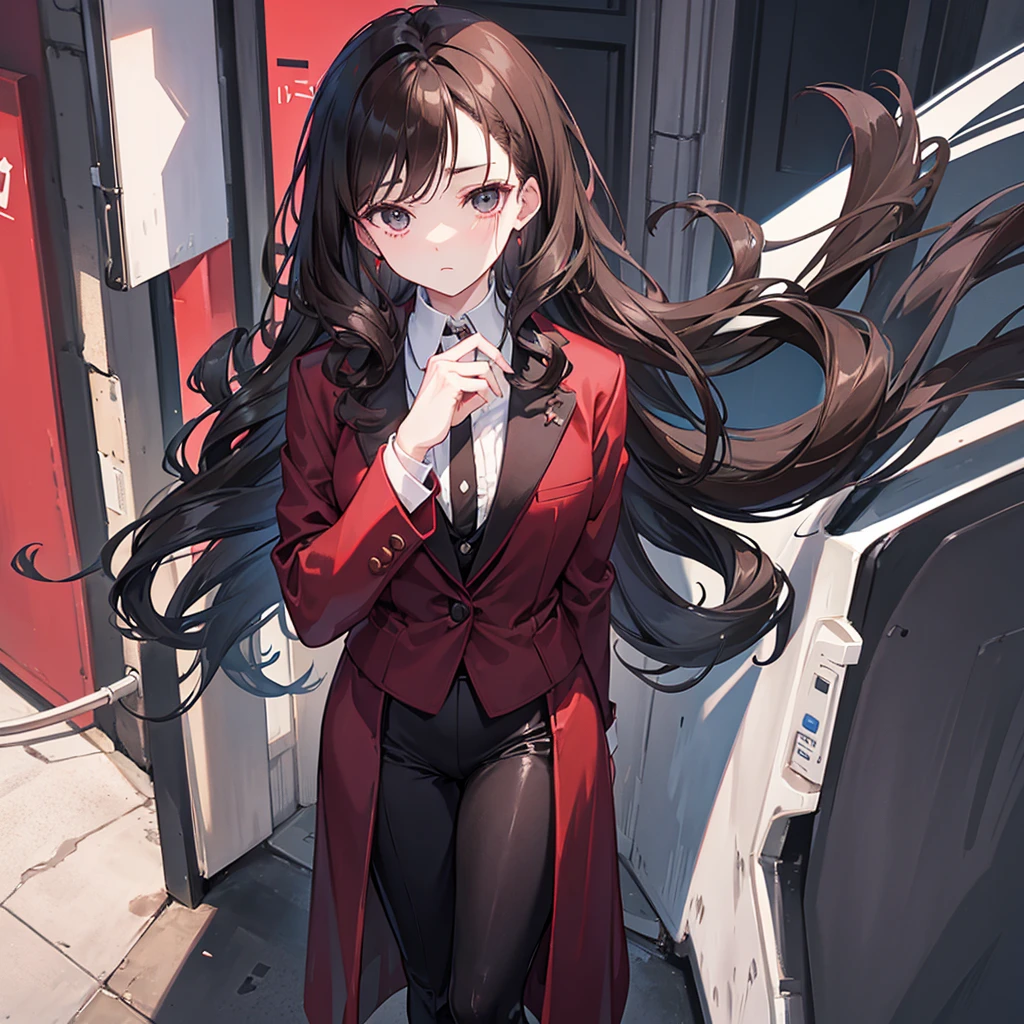 A woman named Marnie. She has medium, curly and wavy dark brown hair. She has black eyes. Her personality is calm, blank, introvert. She is wearing dark red suit. She wearing white boots.