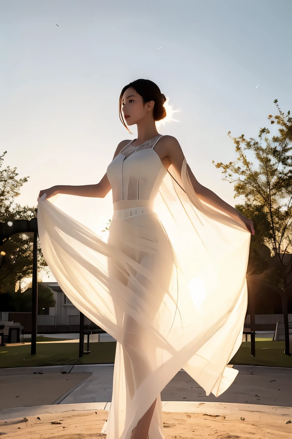 (masterpiece, best quality:1.2), 1girl, solo, delicate face, white-skinned female, see-through silhouette, white dress, full body,outdoor,chiffon skirt, lace skirt,in a playground