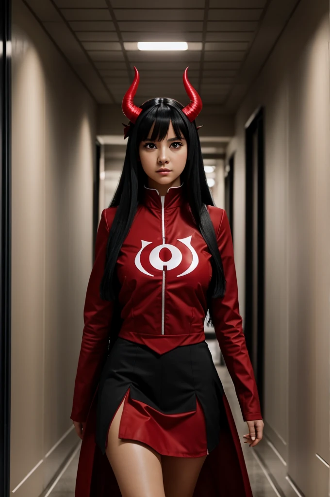 Screenshot of black haired girl with horns in UA outfit Walking through the hallways as a red eyed 
