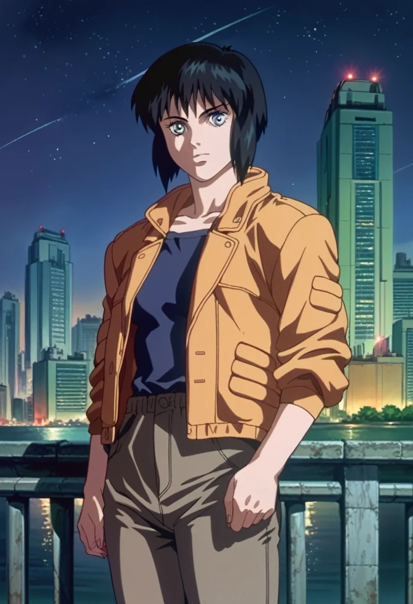 score_9, score_8_up, score_7_up, zPDXL,source_anime, ghostintheshellstyle, retro anime, 1girl, building, outdoors, black hair, cityscape, sky, short hair, scenery, jacket, pants, night, dark, stars, looking at viewer