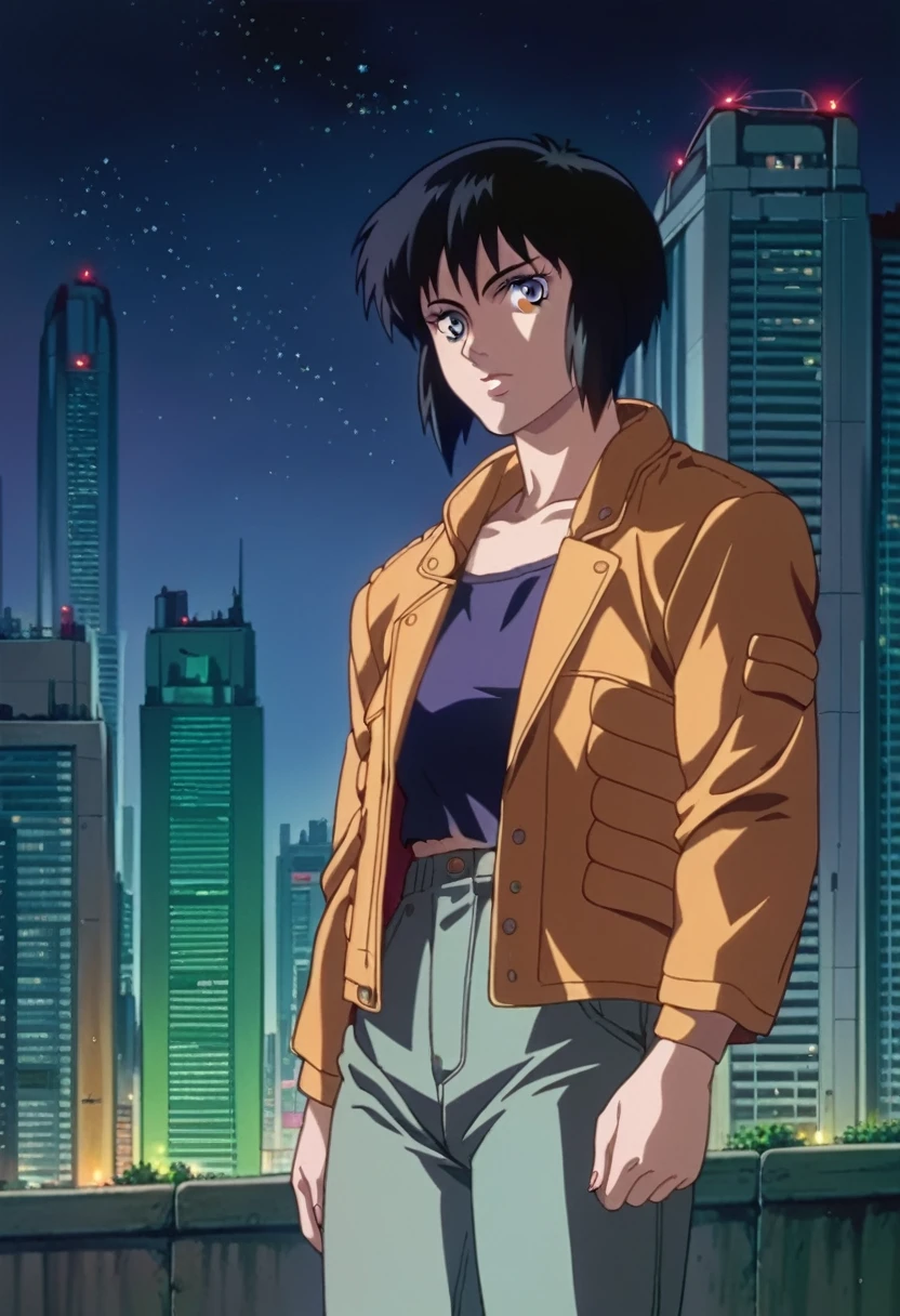 score_9, score_8_up, score_7_up, zPDXL,source_anime, ghostintheshellstyle, retro anime, 1girl, building, outdoors, black hair, cityscape, sky, short hair, scenery, jacket, pants, night, dark, stars, looking at viewer