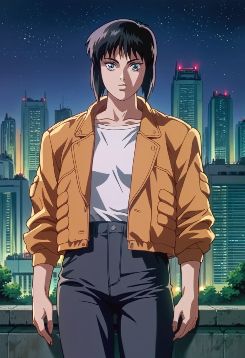 score_9, score_8_up, score_7_up, zPDXL,source_anime, ghostintheshellstyle, retro anime, 1girl, building, outdoors, black hair, cityscape, sky, short hair, scenery, jacket, pants, night, dark, stars, looking at viewer