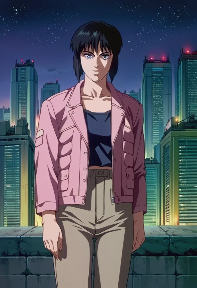 score_9, score_8_up, score_7_up, zPDXL,source_anime, ghostintheshellstyle, retro anime, 1girl, building, outdoors, black hair, cityscape, sky, short hair, scenery, jacket, pants, night, dark, stars, looking at viewer