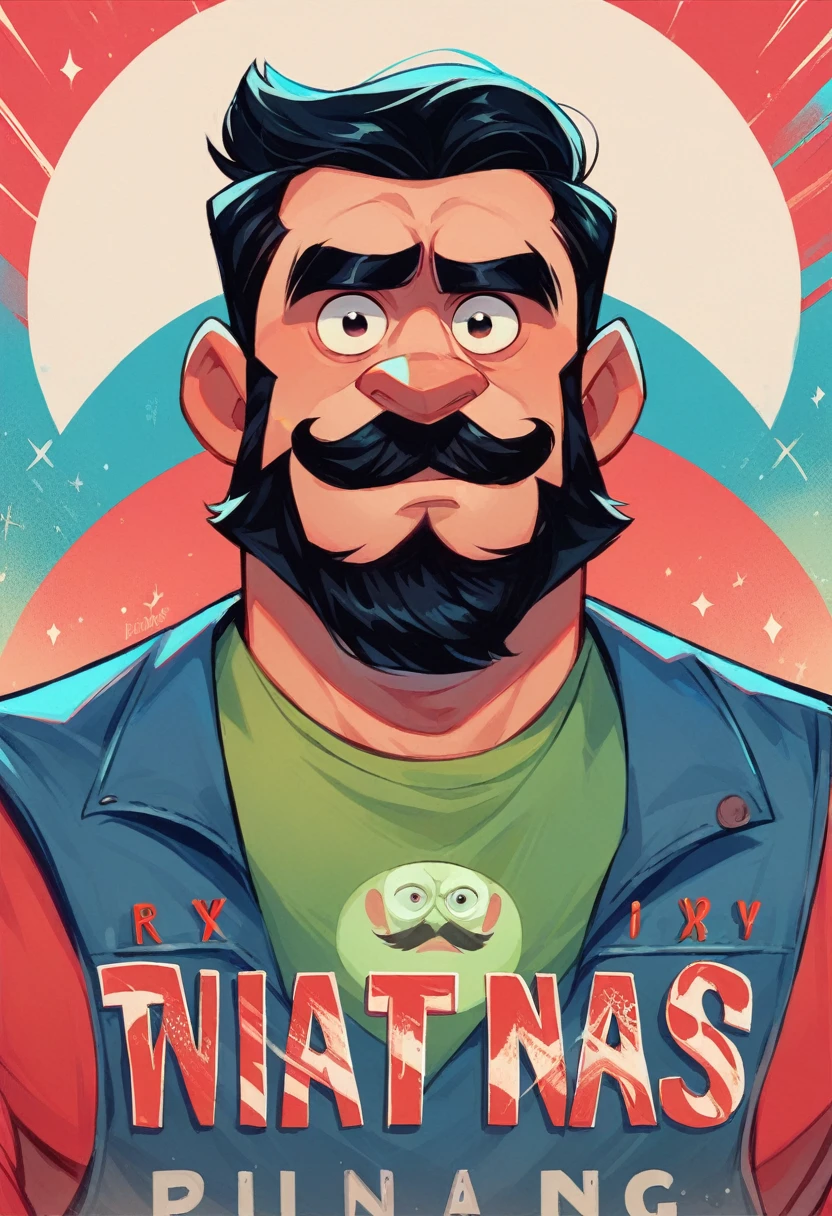 A pixar movie poster about ( Ordinary guy, short beard and mustache, black hair) The style should be inspired by Pixar films, with the well-detailed expressions and vibrant colors