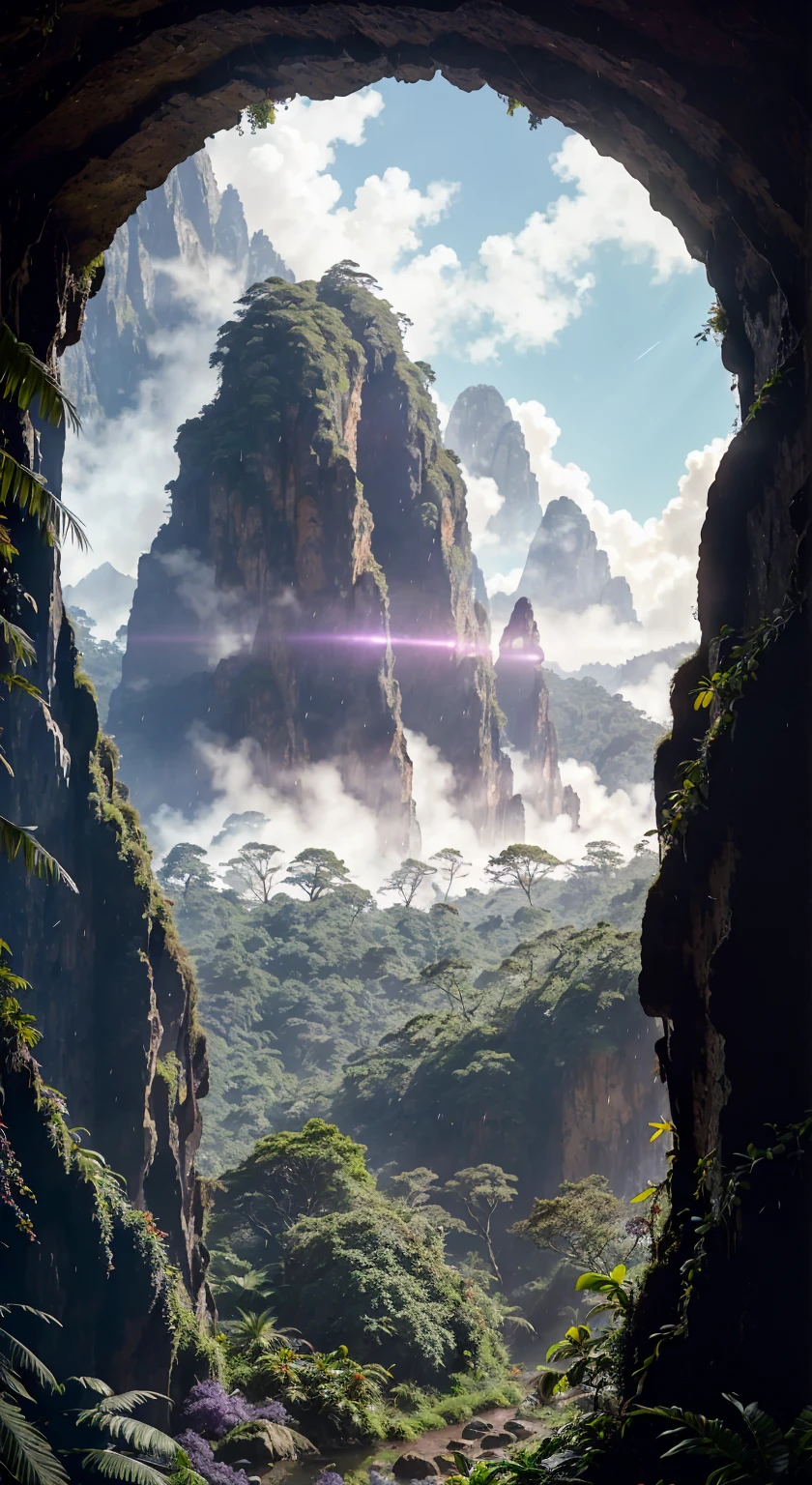 (35mmstyle:1.2), Highly detailed RAW color Photo, Rear Angle, looking out at magical lush purple voilet colour rain forest on alien planet), vivid detail, (exotic alien planet), (sci-fi), (mountains:1.1), (lush green vegetation), (two moons in sky:0.8), (highly detailed, hyperdetailed, intricate), (lens flare:0.7), (bloom:0.7), particle effects, raytracing, cinematic lighting, shallow depth of field, photographed on a Sony a9 II, 35mm wide angle lens, sharp focus, cinematic film , viewed from behind, dynamic angle, realistic