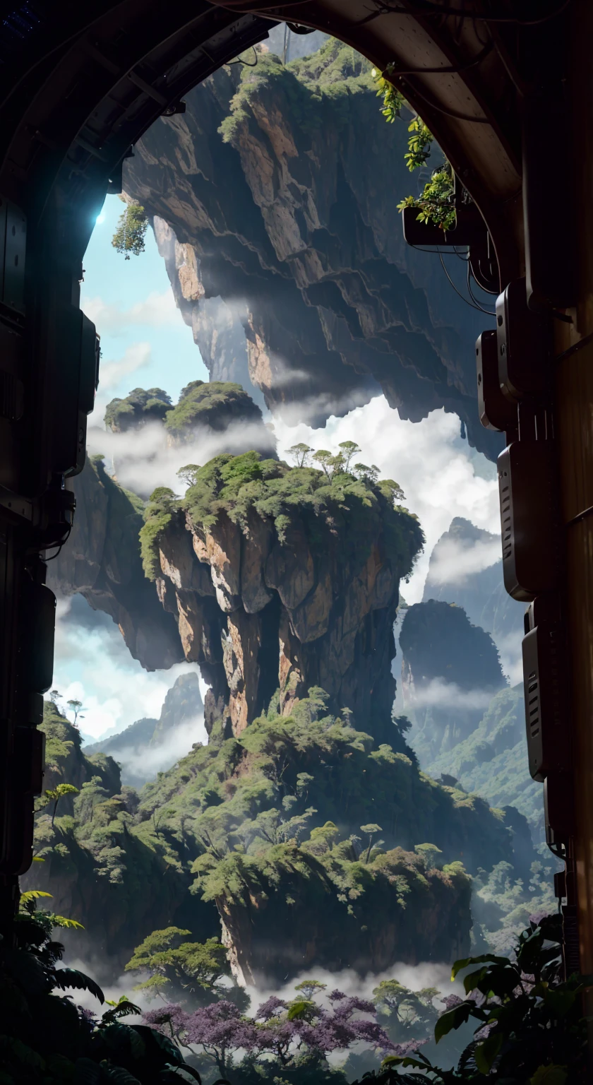 (35mmstyle:1.2), Highly detailed RAW color Photo, Rear Angle, looking out at magical lush purple voilet colour rain forest on alien planet), vivid detail, (exotic alien planet), (sci-fi), (mountains:1.1), (lush green vegetation), (two moons in sky:0.8), (highly detailed, hyperdetailed, intricate), (lens flare:0.7), (bloom:0.7), particle effects, raytracing, cinematic lighting, shallow depth of field, photographed on a Sony a9 II, 35mm wide angle lens, sharp focus, cinematic film , viewed from behind, dynamic angle, realistic