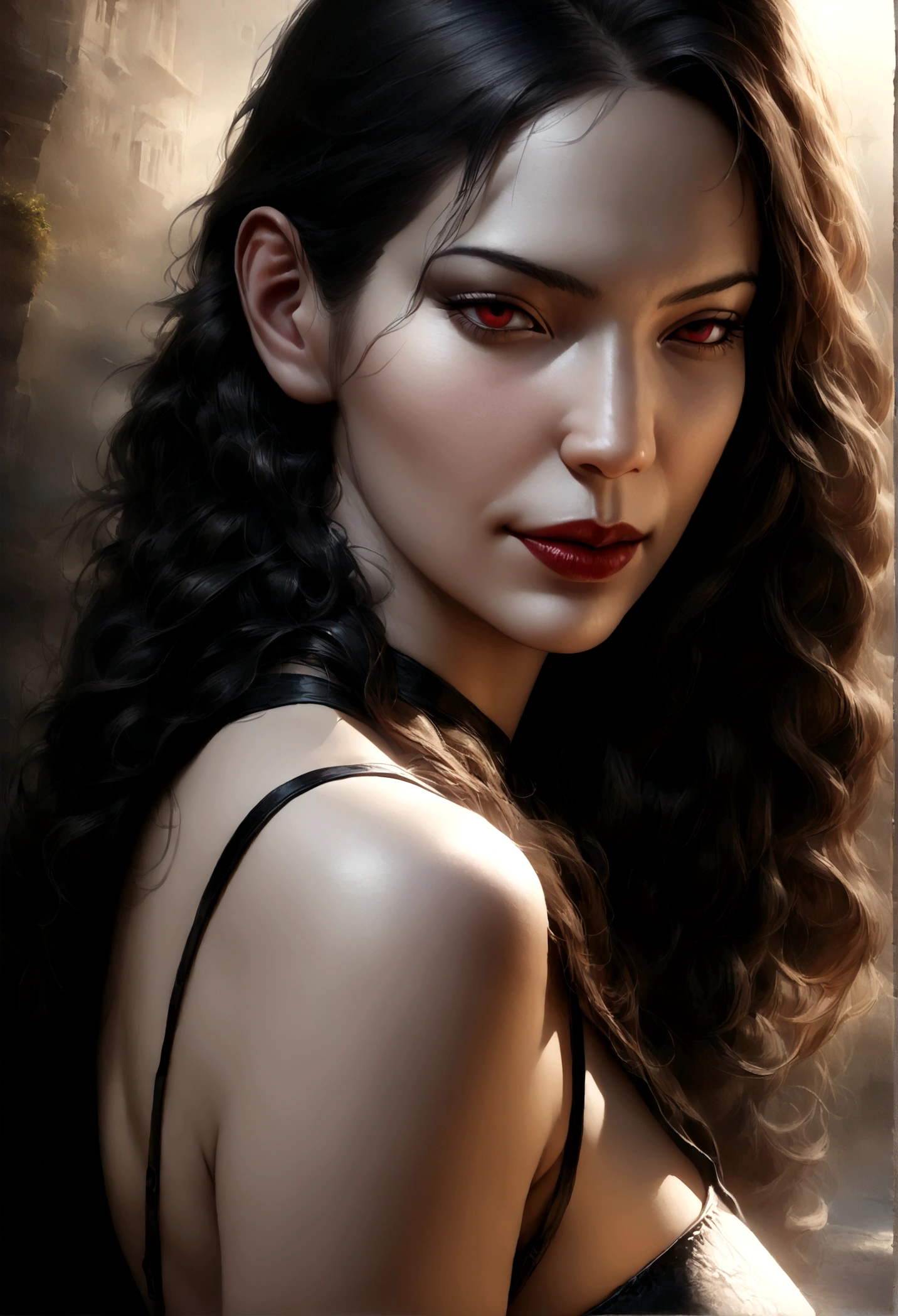 (best quality,4k,8k,highres,masterpiece:1.2),ultra-detailed,(realistic,photorealistic,photo-realistic:1.37),goth korean girl, gothic,1woman,dark town,red eyes,dark ambient,low saturation,anime style,pale skin,long flowing hair,gothic clothing,silhouette,surreal background,mysterious atmosphere,intense emotions,melancholic expression,lens flare,dramatic shadows,symbolic elements,heavy makeup,pale and dark colors,misty fog,ethereal beauty,subtle texture, dark makeup, back shot , full body, wicked smile, seductive witch, the "S" curve model pose
