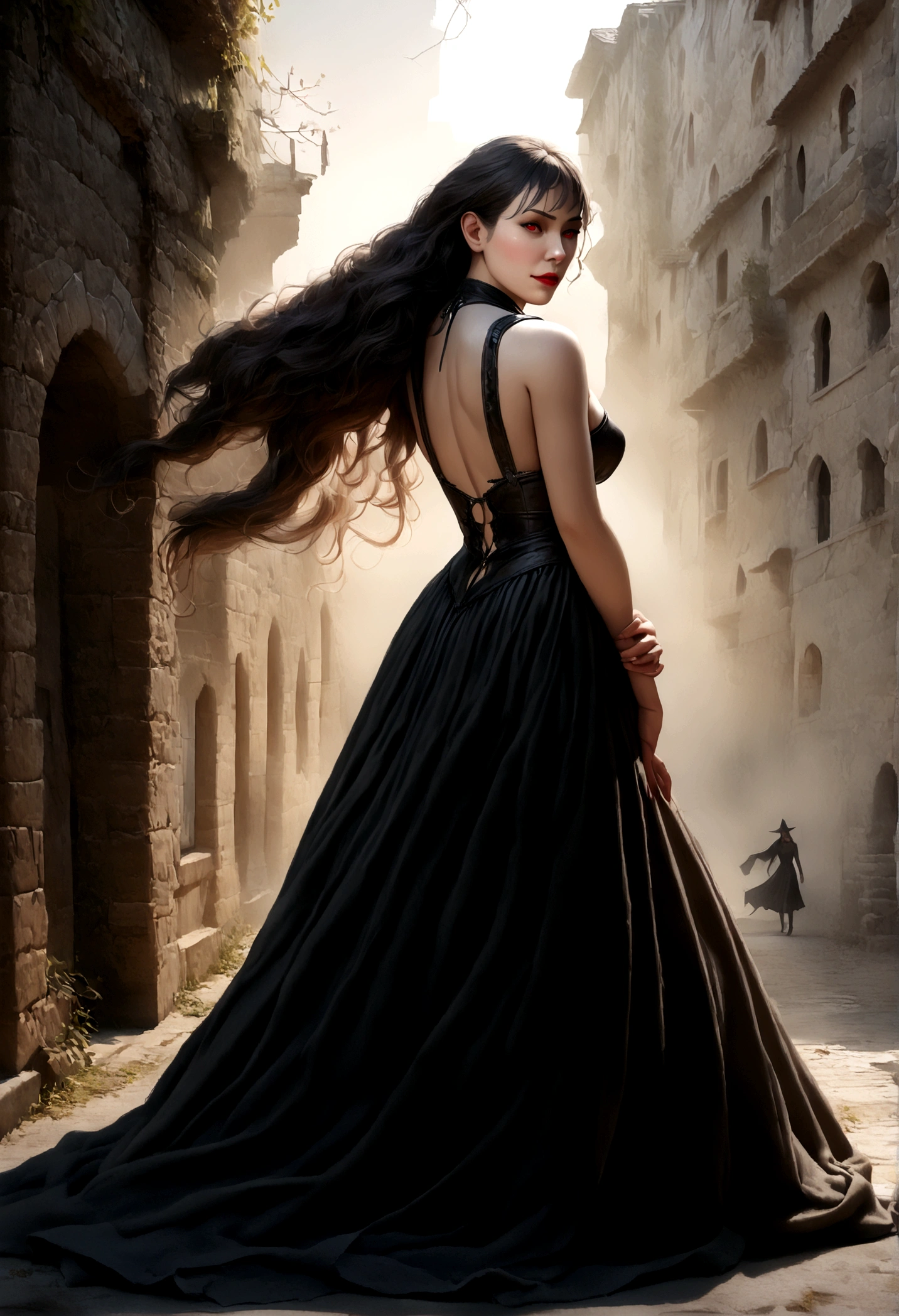 (best quality,4k,8k,highres,masterpiece:1.2),ultra-detailed,(realistic,photorealistic,photo-realistic:1.37),goth korean girl, gothic,1woman,dark town,red eyes,dark ambient,low saturation,anime style,pale skin,long flowing hair,gothic clothing,silhouette,surreal background,mysterious atmosphere,intense emotions,melancholic expression,lens flare,dramatic shadows,symbolic elements,heavy makeup,pale and dark colors,misty fog,ethereal beauty,subtle texture, dark makeup, back shot , full body, wicked smile, seductive witch, the "S" curve model pose