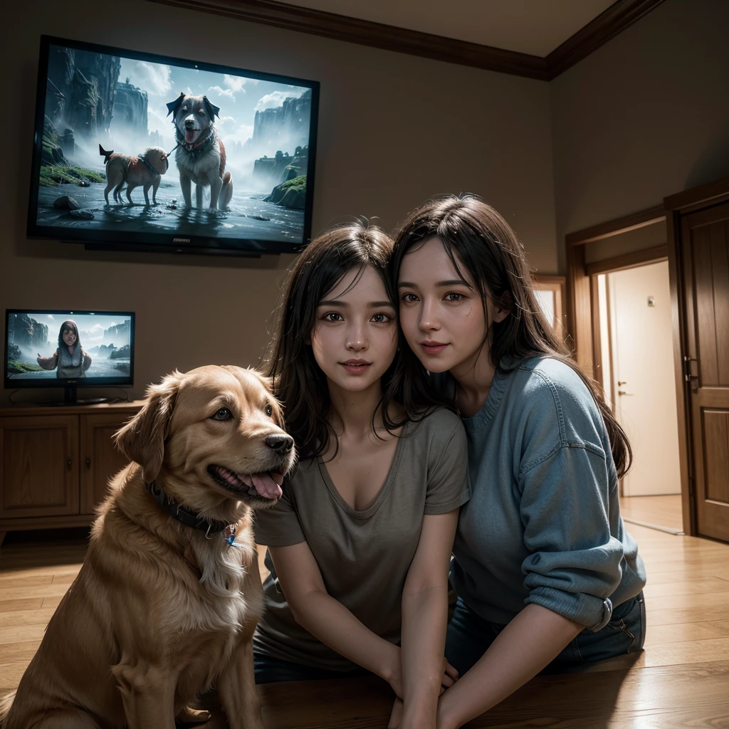 lovely happy family with their dog, color, realistic, wide screen, intricate detail, splash screen, complementary colors, realistic concept art, Unreal Engine 5 volumetric lighting, dynamic lighting hyperdetailed, happy and emotional