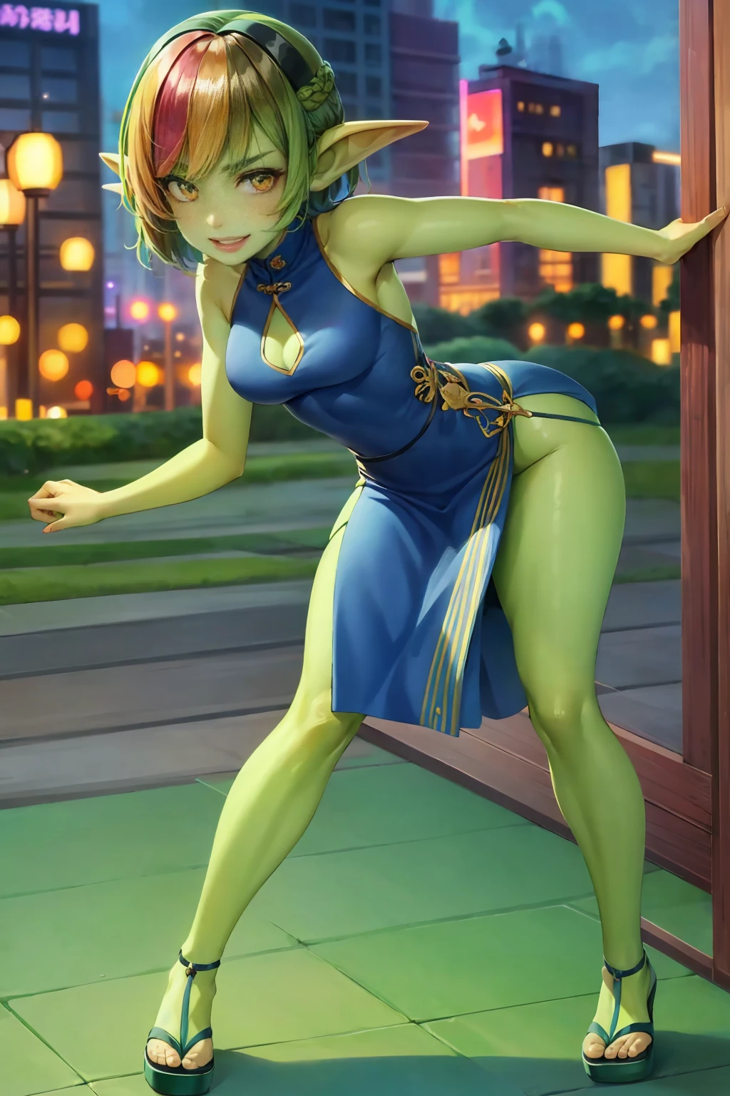 1 girl, short hair, green goblin girl, green skin, small pointy ears, rainbow hair, cheongsam, cutout, smiling, sandals, full body, walking in tokyo, dynamic pose, outdoors, in toyko, city, dusk, dynamic lighting, tokyo background