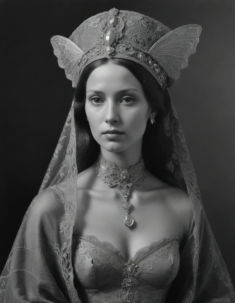 by Moebius Jean Giraud, ((((Rough monochrome drawing, gray scale, Linear style, hand drawn, coal sketch on paper, daguerreotype)))), a powerful noblewoman, bronze skin, tanned, dignified, sensual, facing viewer. She is wearing a fur hat and a lace face veil. She is wearing a black Byzantine caftan with Slavic elements, embroidered moth, dragon, lozenge symbolofy, sashes, diamond shape pendant.