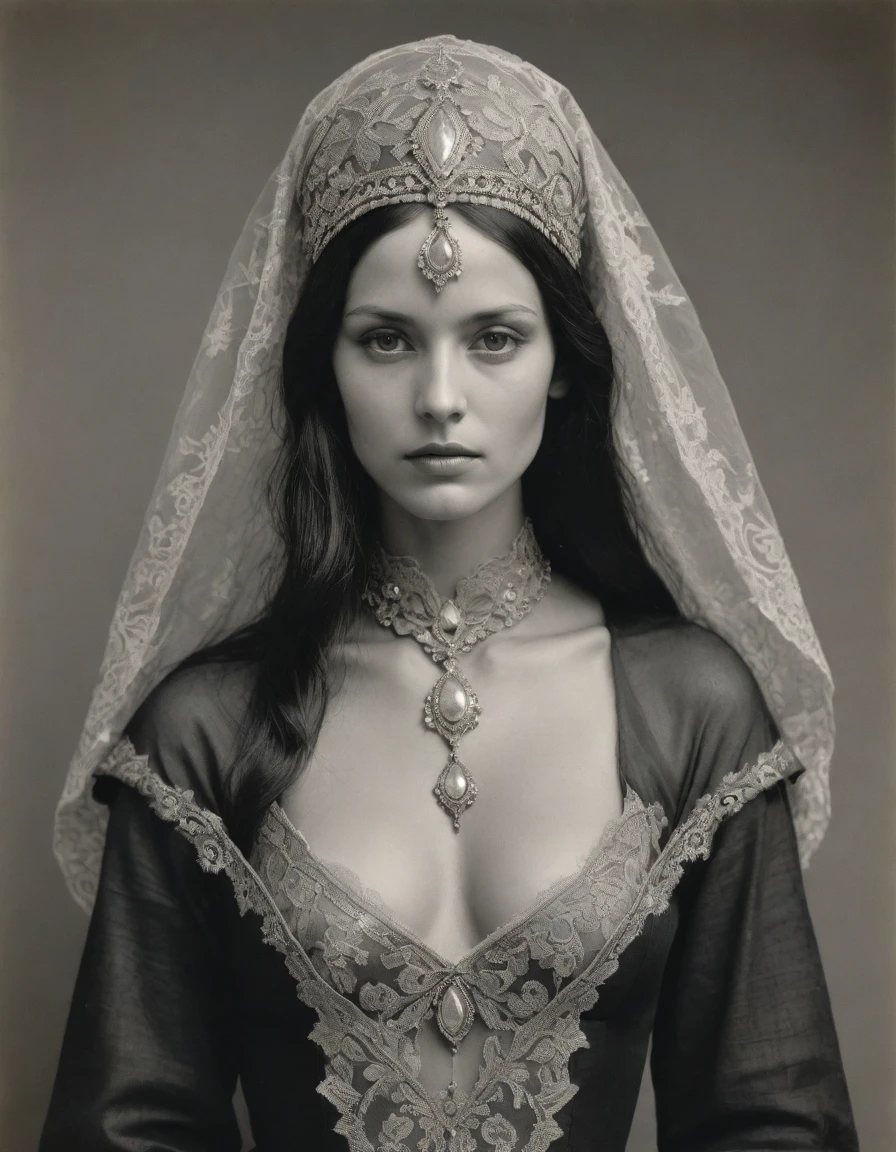 by Moebius Jean Giraud, ((((Rough monochrome drawing, gray scale, Linear style, hand drawn, coal sketch on paper, daguerreotype)))), a powerful noblewoman, bronze skin, tanned, dignified, sensual, facing viewer. She is wearing a fur hat and a lace face veil. She is wearing a black Byzantine caftan with Slavic elements, embroidered moth, dragon, lozenge symbolofy, sashes, diamond shape pendant.