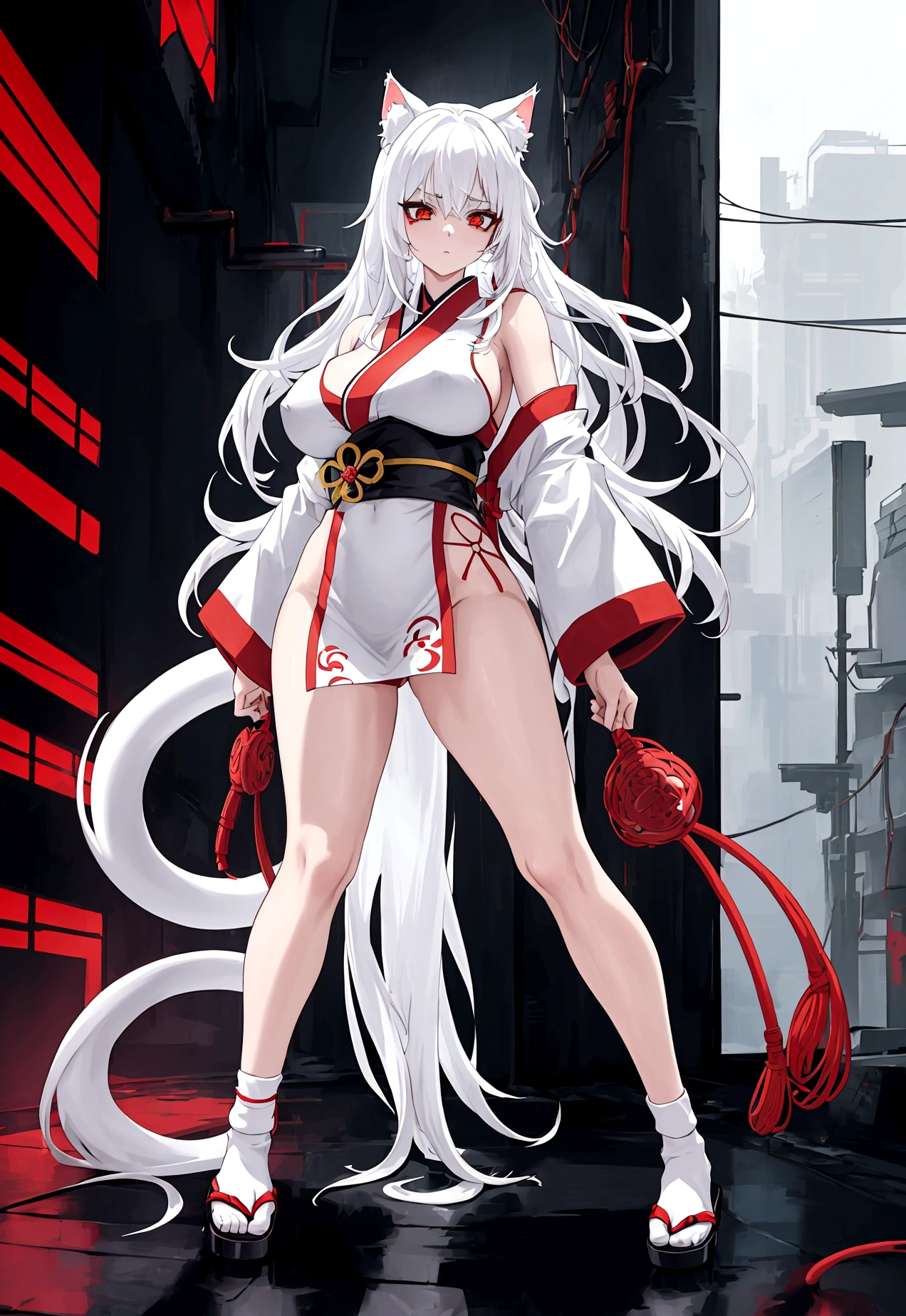 Make a full body character with 2D graphics based on current anime 4k-8k The character is 22 years old. Mature body with big breasts and curves. Eyes red, white cat ears, long white hair down to the ankles. Cat's furry tail. The outfit is a mix of traditional Japanese kimono, Qipao chines stylized in a cyberpunk way. The colors of the clothes are predominantly white with details of blood red and gold.. With sock 3/4 black and white, sandalhas ninja estilo cyberpunk.