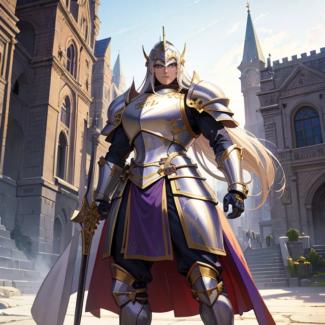 (Very detailed best high quality image, very detailed background, very detailed character alone, its not a female character, its a male in full armor) full portrait of super soldier knight, fantasy knight of 3 meters height big and tall
1fantasypaladinknightMan: big muscular man with big bulky purple Armor: full helmet with golden trim and golden ponytail showing no face with light blue helmet visor, knight wearing bulky purple plate armor with golden trims,purple big shoulder pads with golden trims, purple elbow pads with golden trims, big purple boots with golden trims, armored knight, Knight in armor, paladin armor, portrait of knight,
Weapons: the knight's long sword has silver blade and golden handle
Scenery: the knight in armor, stands in front of the armenian castle,