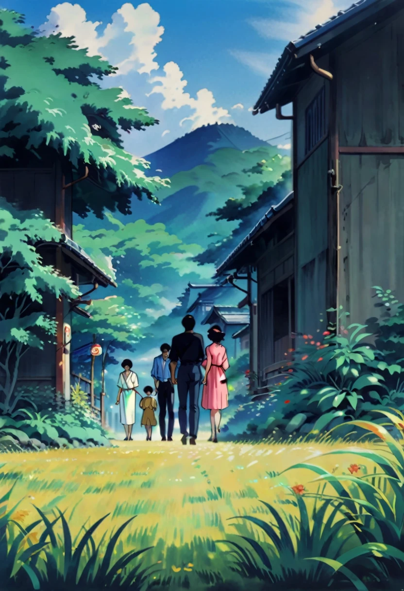 a images or scene of young japanese adults 20ishboth men and womenin 1960s japan during the summer in japanese countryside almost studio Ghibli feel, Ghibli art style,art style, (cartoon-style bold line work:1.2), vibrant colors, cel shading up close art style of animes during a very classic traditional japanese summertime very japanese bright vivid brilliant very vivid detailing of very 1960s Japan