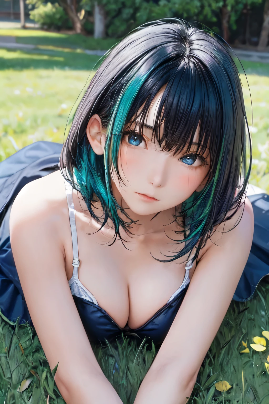 A young woman with vibrant green hair and striking blue eyes is captured in a candid moment, lying in a grassy field. She looks directly at the camera, her expression neutral but her eyes hinting at deep emotion. Her outfit consists of fine silk with her breasts slightly exposed, adding overall harmony to the image. Natural light illuminates her face and hair, casting soft shadows on the grass below her.