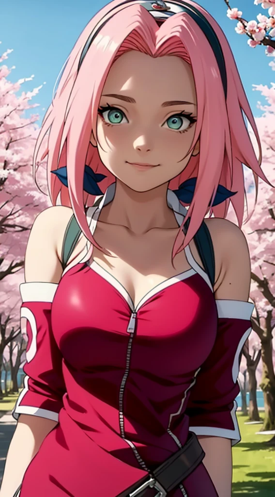 tmasterpiece， Best quality at best， 1girll， Sakura Haruno， Large breasts，Off-the-shoulder attire，（cleavage)，（upperbody closeup)，Raised sexy，is shy，ssmile，with pink hair， long whitr hair， （Green eyeballs:1.4)， Forehead protection， the cherry trees，Cherry blossoms flying，Red clothes，Zipper half