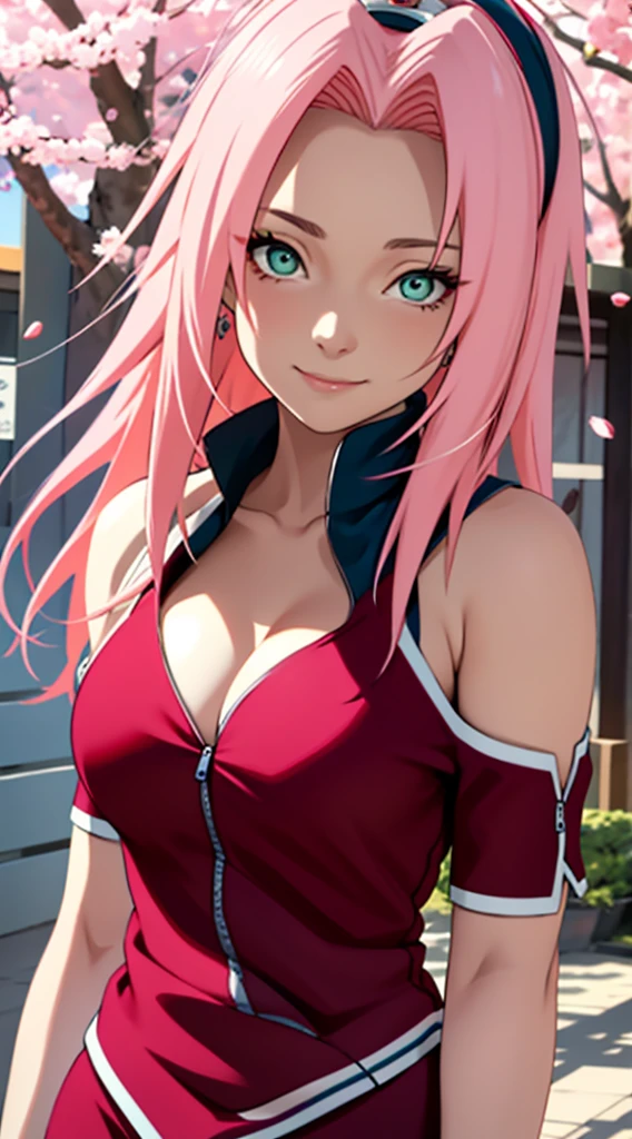 tmasterpiece， Best quality at best， 1girll， Sakura Haruno， Large breasts，Off-the-shoulder attire，（cleavage)，（upperbody closeup)，Raised sexy，is shy，ssmile，with pink hair， long whitr hair， （Green eyeballs:1.4)， Forehead protection， the cherry trees，Cherry blossoms flying，Red clothes，Zipper half