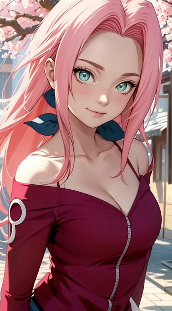 tmasterpiece, Best quality at best, 1girll, Sakura Haruno, Large breasts,Off-the-shoulder attire,(cleavage),(upperbody closeup),Raised sexy,is shy,ssmile,with pink hair, long whitr hair, (Green eyeballs:1.4), Forehead protection, the cherry trees,Cherry blossoms flying,Red clothes,Zipper half