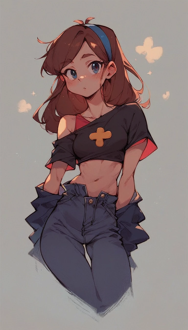 Mabel Pines wearing a shoulderless, collarless leather top and a leather miniskirt