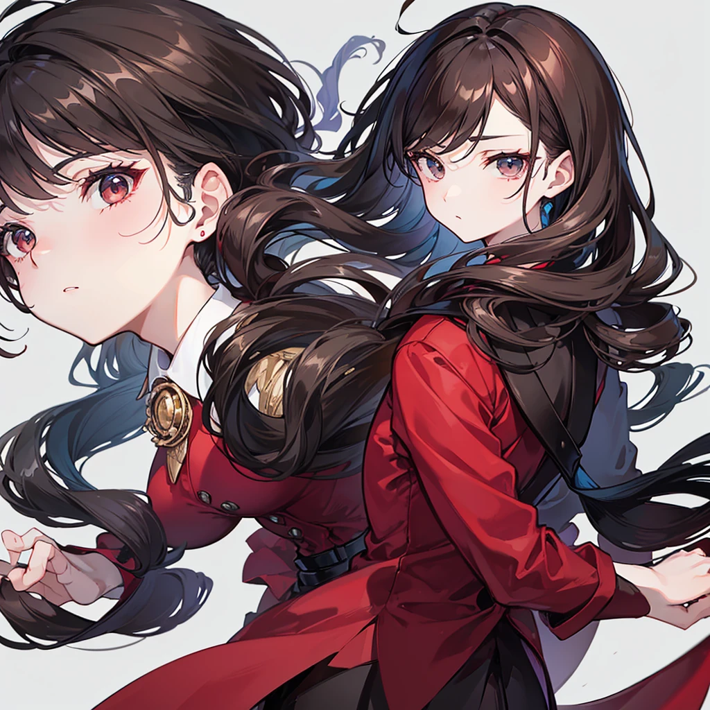 A woman named Marnie. She has short, curly and wavy dark brown hair. She has black eyes. Her personality is calm, blank, introvert. She is wearing dark red suit. She wearing white boots.