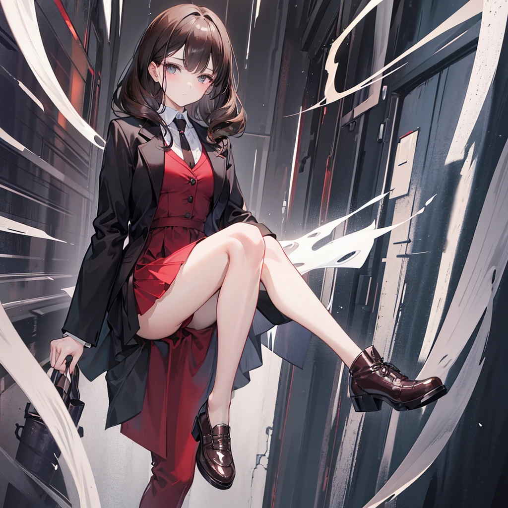 A woman named Marnie. She has short, curly and wavy dark brown hair. She has black eyes. Her personality is calm, blank, introvert. She is wearing dark red suit. She wearing white boots.