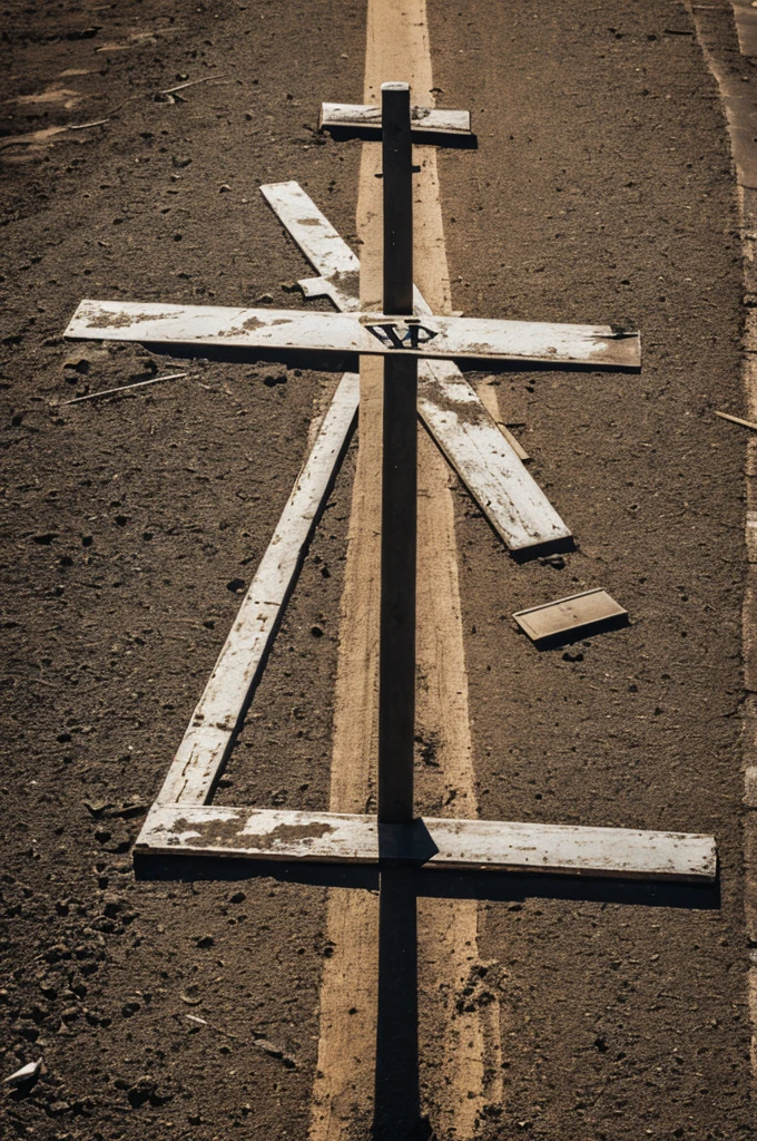 A warning sign with an inverted cross