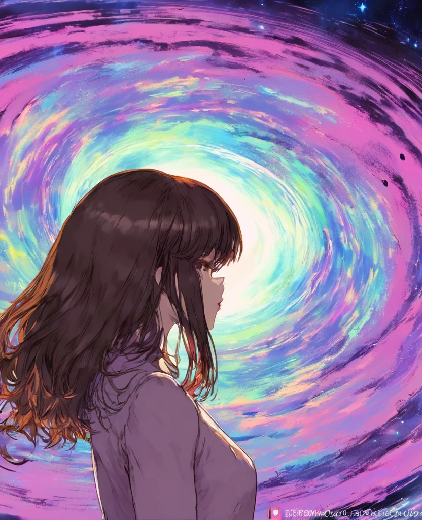 (Highest quality, sketch:1.2), Spectacular and realistic,(Super detailed support),Illustrator,anime,1 Girl, Detailed lips,custom, Gradient Background,Neon Hair,Texture Cropping, masterpiece, anime, Woman standing and staring at a black hole, Fantasy World, Talked about at the art station, Space Art, dreamy psychedelic anime, beautiful anime scene, anime epic artwork. anime, Photo Image Pose, average length、Brown Hair