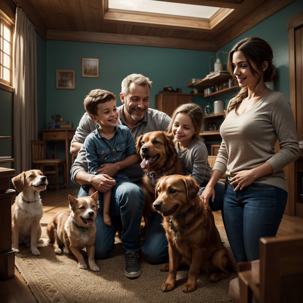 lovely happy family with their dog, beautiful color, realistic, wide screen, intricate detail, splash screen, complementary colors, realistic concept art, Unreal Engine 5 volumetric lighting, dynamic lighting hyperdetailed, happy and emotional