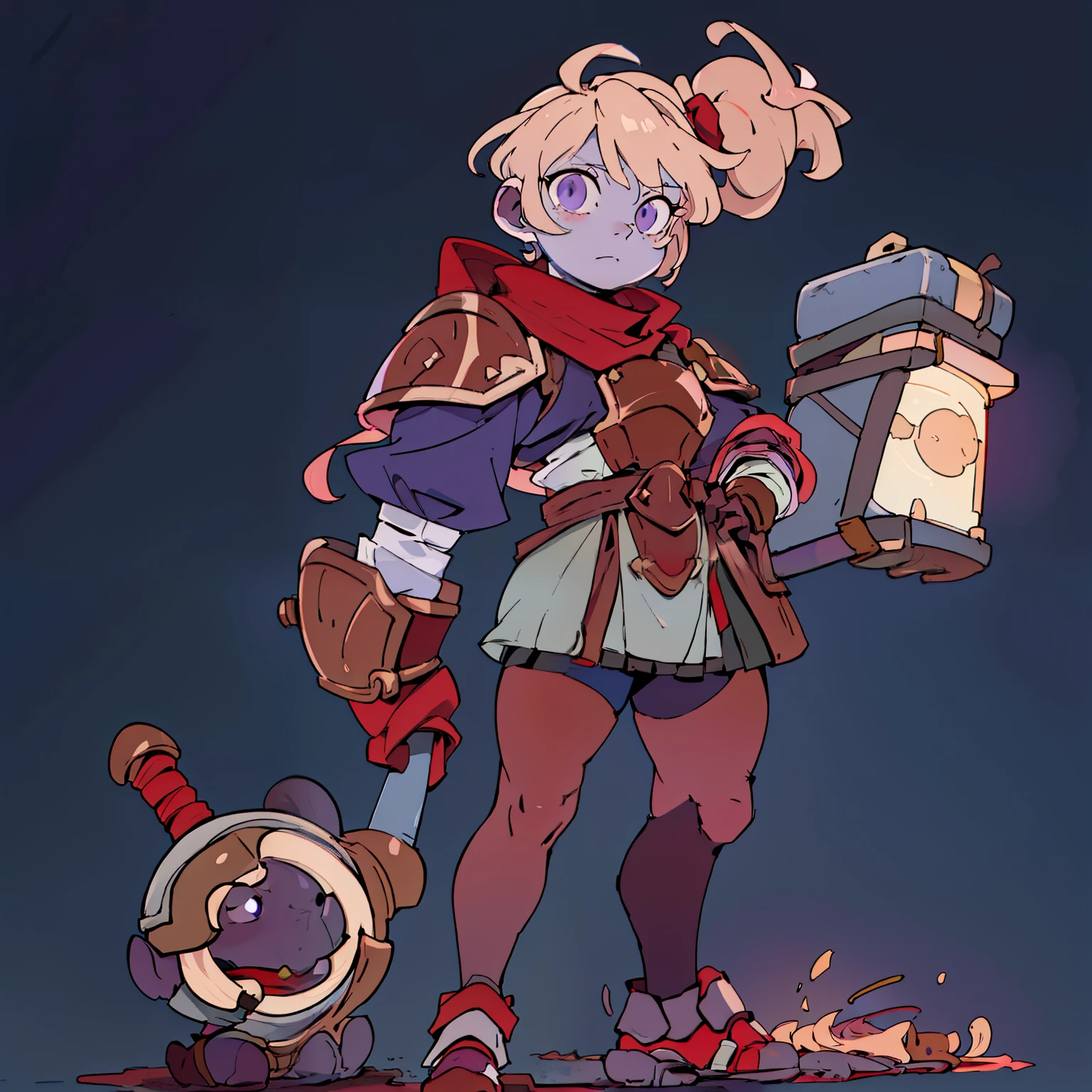 Her name is Poppy, mide 90cm, He has very light blonde hair, his skin is light blue, His eyes are big and have a violet scent., has a red scarf, a bronze armor that covers his chest, shoulders, elbows, knees, She has a leather skirt that matches her armor, uses a hammer the size of his gray body.