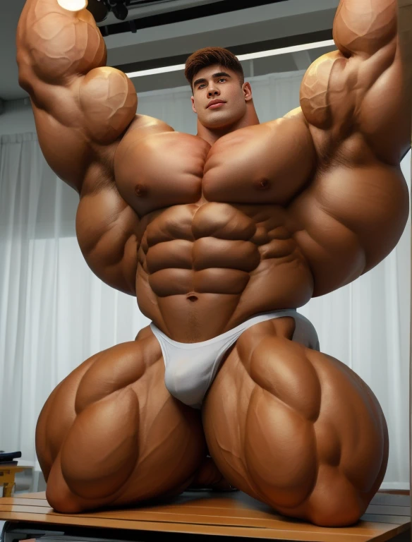 1boy, giant, alone, bodybuilding pose, stand, illuminating light, strong body, bulk, large size, stretching, armpit, in the white photo studio room, nude, white triangular underwear, prominent bulge, extraordinary big, brutalmass, giant, muscular body, bulk, buff, massive body, large meaty body size, extremely wide body